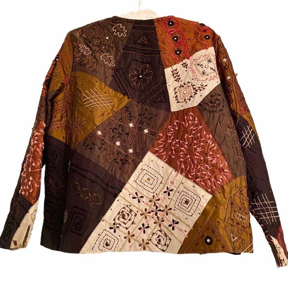 Vintage Laura Ashley Patchwork Embroidered Jacket w/ Beads Orange Tan Brown - Picture 4 of 6